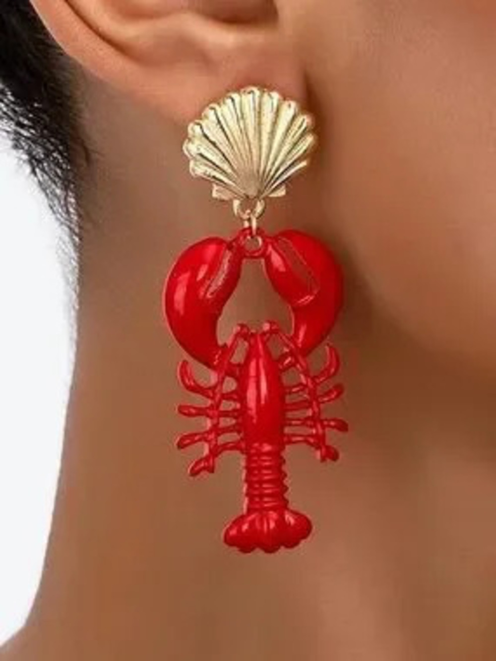 Anthropologie Gold Tone Shell with Red Lobster Drop Earrings